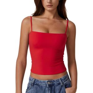 QINSEN Women’s Double Lined Basic Tank Top Adjustable Spaghetti Straps Sleeveless Camisole Shirts(Red)