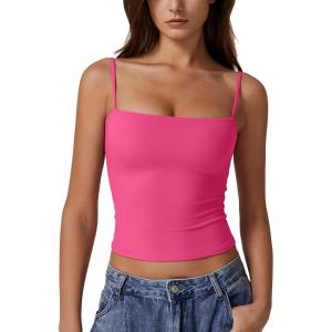 QINSEN Women’s Double Lined Basic Tank Top Adjustable Spaghetti Straps Sleeveless Camisole Shirts(Rosy)