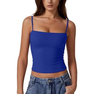 QINSEN Women’s Double Lined Basic Tank Top Adjustable Spaghetti Straps Sleeveless Camisole Shirts(Sapphire)