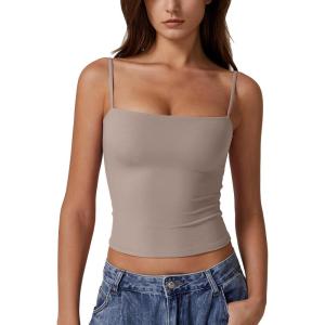 QINSEN Women’s Double Lined Basic Tank Top Adjustable Spaghetti Straps Sleeveless Camisole Shirts(Taupe Gray)