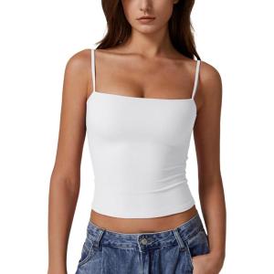 QINSEN Women’s Double Lined Basic Tank Top Adjustable Spaghetti Straps Sleeveless Camisole Shirts(White)
