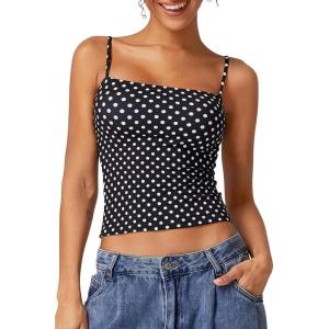 QINSEN Women’s Double Lined Basic Tank Top Adjustable Spaghetti Straps Sleeveless Camisole Shirts(White Polka Dots)