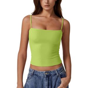 QINSEN Women’s Double Lined Basic Tank Top Adjustable Spaghetti Straps Sleeveless Camisole Shirts(Wild Lime)