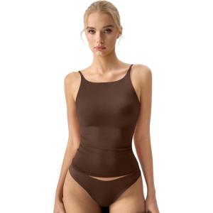 QINSEN Womens Double Lined Tank Tops Boat Neck Adjustable Spaghetti Straps Bodycon Camisole Shirts(Brown)