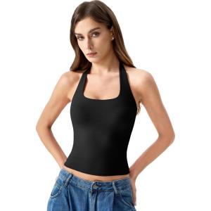 QINSEN Womens Halter Top Double Lined Tank Top Sleeveless Open Back Slim fit Going Out Tops(Black)