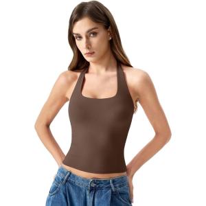 QINSEN Womens Halter Top Double Lined Tank Top Sleeveless Open Back Slim fit Going Out Tops(Brown)