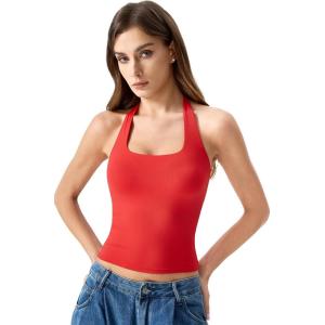 QINSEN Womens Halter Top Double Lined Tank Top Sleeveless Open Back Slim fit Going Out Tops(Fairy Red)