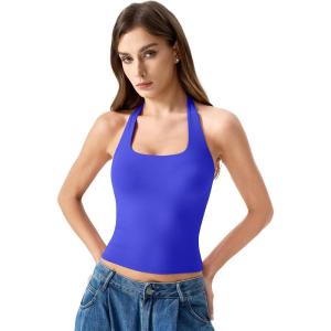 QINSEN Womens Halter Top Double Lined Tank Top Sleeveless Open Back Slim fit Going Out Tops(Sapphire Blue)