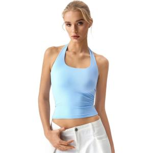 QINSEN Womens Halter Top Double Lined Tank Top Sleeveless Open Back Slim fit Going Out Tops(Sky Blue)