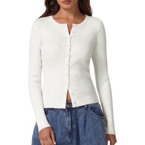 QINSEN Womens Long Sleeve Crewneck Cardigan Sweater Lightweight Button Down Knit Tops Outerwear(Beige)