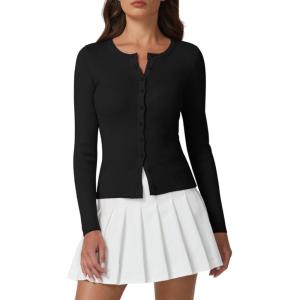 QINSEN Womens Long Sleeve Crewneck Cardigan Sweater Lightweight Button Down Knit Tops Outerwear(Black)