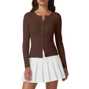 QINSEN Womens Long Sleeve Crewneck Cardigan Sweater Lightweight Button Down Knit Tops Outerwear(Brown)