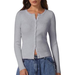 QINSEN Womens Long Sleeve Crewneck Cardigan Sweater Lightweight Button Down Knit Tops Outerwear(Light Grey)