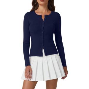 QINSEN Womens Long Sleeve Crewneck Cardigan Sweater Lightweight Button Down Knit Tops Outerwear(Navy Blue)