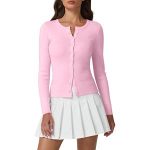 QINSEN Womens Long Sleeve Crewneck Cardigan Sweater Lightweight Button Down Knit Tops Outerwear(Pink)