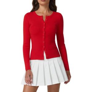 QINSEN Womens Long Sleeve Crewneck Cardigan Sweater Lightweight Button Down Knit Tops Outerwear(Red)
