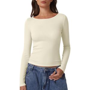 QINSEN Women’s Long Sleeve T Shirts Crewneck Tight Fitted Rib Knit Y2k Casual Tee Tops(Beige White)