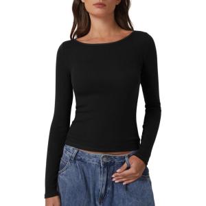 QINSEN Women’s Long Sleeve T Shirts Crewneck Tight Fitted Rib Knit Y2k Casual Tee Tops(Black)
