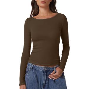 QINSEN Women’s Long Sleeve T Shirts Crewneck Tight Fitted Rib Knit Y2k Casual Tee Tops(Brown)
