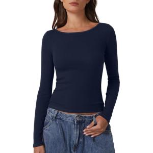 QINSEN Women’s Long Sleeve T Shirts Crewneck Tight Fitted Rib Knit Y2k Casual Tee Tops(Estate Blue)