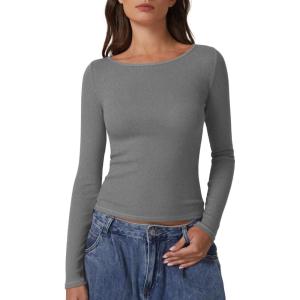 QINSEN Women’s Long Sleeve T Shirts Crewneck Tight Fitted Rib Knit Y2k Casual Tee Tops(Gray)