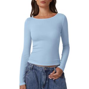 QINSEN Women’s Long Sleeve T Shirts Crewneck Tight Fitted Rib Knit Y2k Casual Tee Tops(Light Blue)