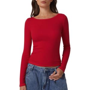 QINSEN Women’s Long Sleeve T Shirts Crewneck Tight Fitted Rib Knit Y2k Casual Tee Tops(Red)