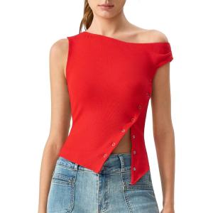 QINSEN Womens Off Shoulder Asymmetrical Tops Diagonal Button-up Closure Split Hem Cropped T Shirts Y2k Tank Top(Red)