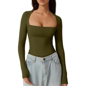QINSEN Women’s Sexy Square Neck Shirt Long Sleeve Double Lined Tees Fitted Going Out Tops(Army Green)