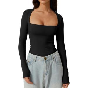 QINSEN Women’s Sexy Square Neck Shirt Long Sleeve Double Lined Tees Fitted Going Out Tops(Black)