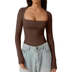 QINSEN Women’s Sexy Square Neck Shirt Long Sleeve Double Lined Tees Fitted Going Out Tops(Coffee Bean)