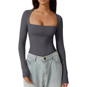 QINSEN Women’s Sexy Square Neck Shirt Long Sleeve Double Lined Tees Fitted Going Out Tops(Dark Grey)
