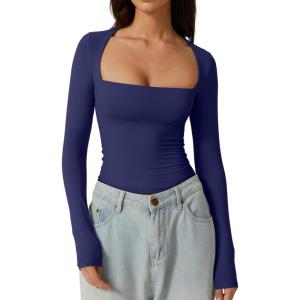 QINSEN Women’s Sexy Square Neck Shirt Long Sleeve Double Lined Tees Fitted Going Out Tops(Estate Blue)