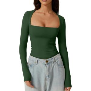 QINSEN Women’s Sexy Square Neck Shirt Long Sleeve Double Lined Tees Fitted Going Out Tops(Forest Green)