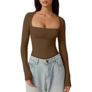 QINSEN Women’s Sexy Square Neck Shirt Long Sleeve Double Lined Tees Fitted Going Out Tops(Khaki)