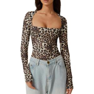 QINSEN Women’s Sexy Square Neck Shirt Long Sleeve Double Lined Tees Fitted Going Out Tops(Leopard Print)