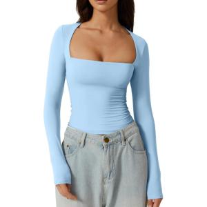 QINSEN Women’s Sexy Square Neck Shirt Long Sleeve Double Lined Tees Fitted Going Out Tops(Light Blue)