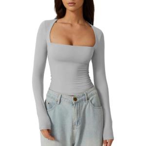 QINSEN Women’s Sexy Square Neck Shirt Long Sleeve Double Lined Tees Fitted Going Out Tops(Light Grey)