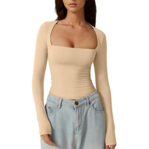 QINSEN Women’s Sexy Square Neck Shirt Long Sleeve Double Lined Tees Fitted Going Out Tops(Marzipan)