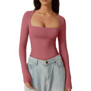 QINSEN Women’s Sexy Square Neck Shirt Long Sleeve Double Lined Tees Fitted Going Out Tops(Merlot)