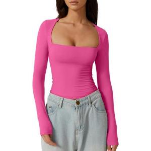 QINSEN Women’s Sexy Square Neck Shirt Long Sleeve Double Lined Tees Fitted Going Out Tops(Merlot New)