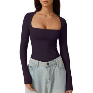 QINSEN Women’s Sexy Square Neck Shirt Long Sleeve Double Lined Tees Fitted Going Out Tops(Mulberry Purple)