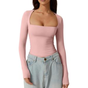 QINSEN Women’s Sexy Square Neck Shirt Long Sleeve Double Lined Tees Fitted Going Out Tops(Pink)