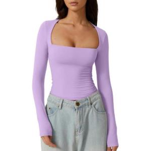 QINSEN Women’s Sexy Square Neck Shirt Long Sleeve Double Lined Tees Fitted Going Out Tops(Purple)