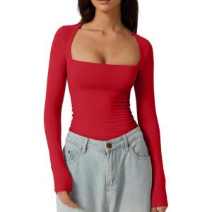 QINSEN Women’s Sexy Square Neck Shirt Long Sleeve Double Lined Tees Fitted Going Out Tops(Red)
