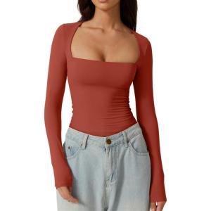 QINSEN Women’s Sexy Square Neck Shirt Long Sleeve Double Lined Tees Fitted Going Out Tops(Rooibos Tea)