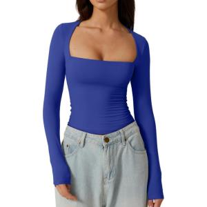 QINSEN Women’s Sexy Square Neck Shirt Long Sleeve Double Lined Tees Fitted Going Out Tops(Sapphire Blue)