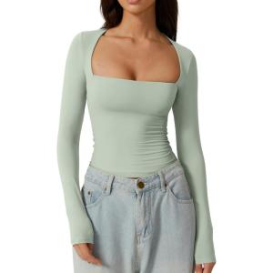 QINSEN Women’s Sexy Square Neck Shirt Long Sleeve Double Lined Tees Fitted Going Out Tops(Smoke Green)