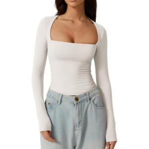 QINSEN Women’s Sexy Square Neck Shirt Long Sleeve Double Lined Tees Fitted Going Out Tops(Splashed White)