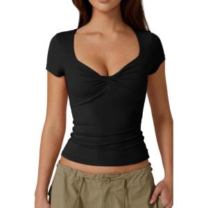 QINSEN Women’s Sexy Twist Front V Neck T Shirts Double Lined Short Sleeve Slim Fit Crop Top Trendy Y2K Tops Tee(Black)